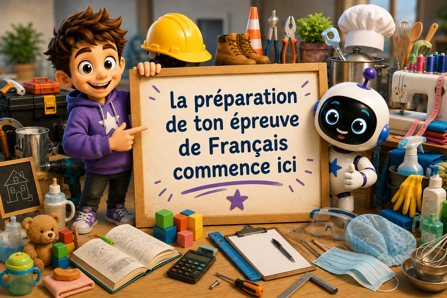 Candidate préparant une réponse écrite de français du CAP avec un sujet et un mini-cours