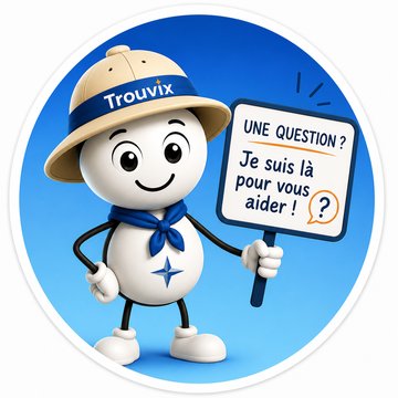 Trouvix avec son chapeau de guide et son panneau Une question ? Je suis là pour vous aider !